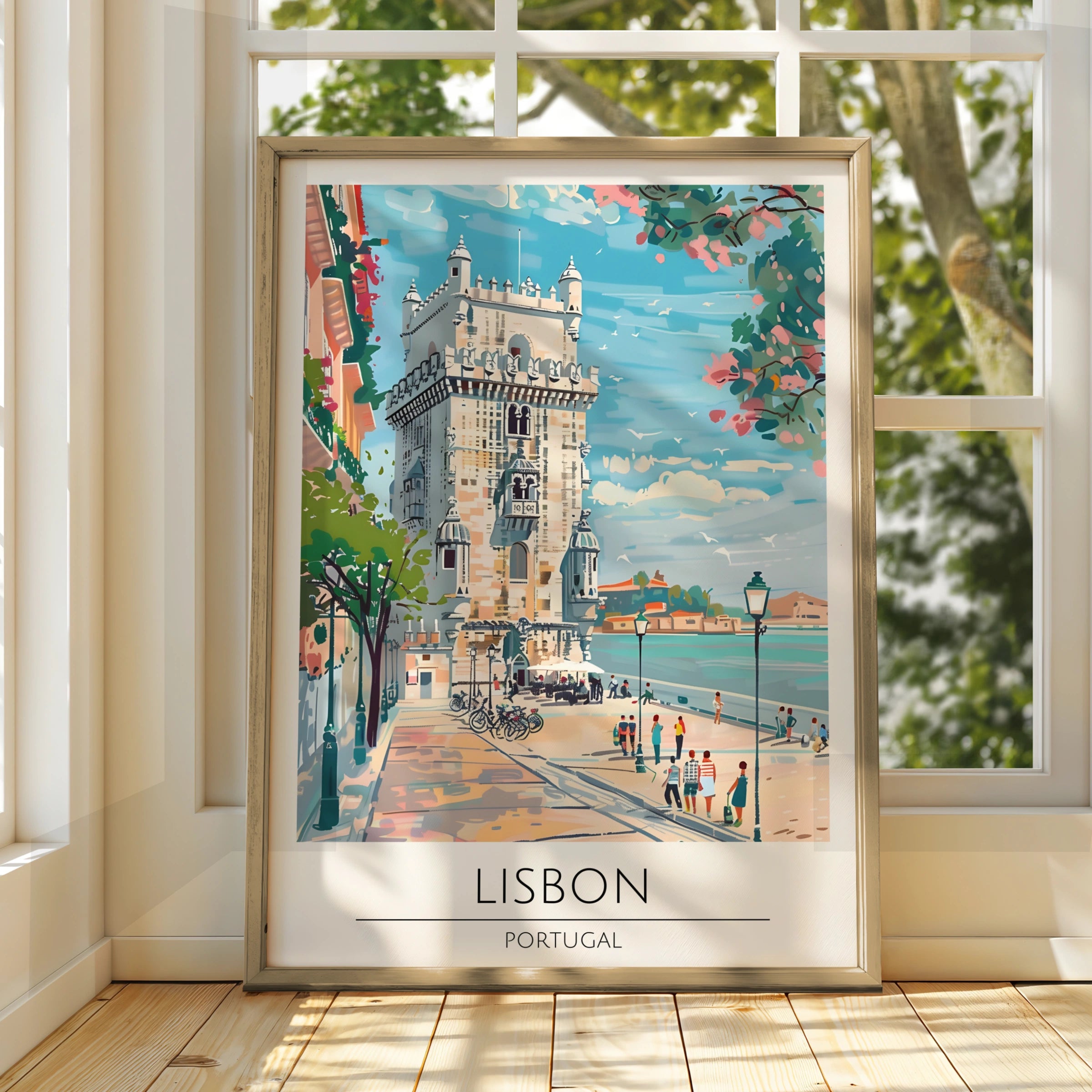 Lisbon Portugal Travel Poster, Colourful Vintage Art, Belem Tower Wall Decor, European Cityscape