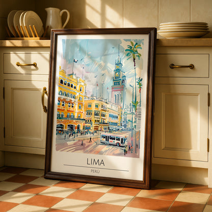Lima Poster Art, Peru Cityscape, Colourful Urban Illustration, Travel Wall Art, Vintage Style