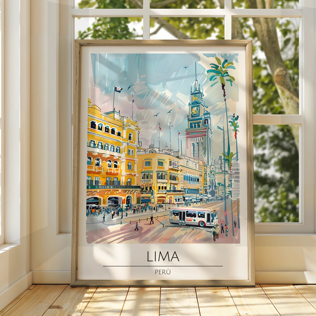 Lima Poster Art, Peru Cityscape, Colourful Urban Illustration, Travel Wall Art, Vintage Style