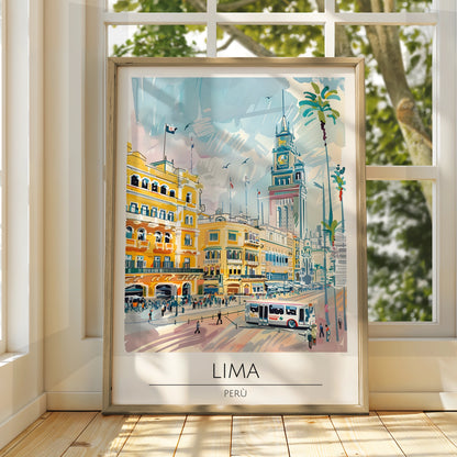 Lima Poster Art, Peru Cityscape, Colourful Urban Illustration, Travel Wall Art, Vintage Style