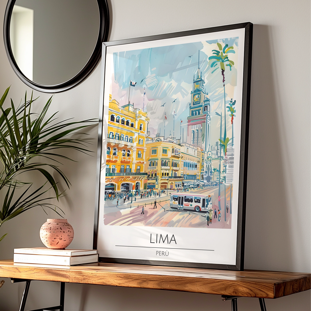 Lima Poster Art, Peru Cityscape, Colourful Urban Illustration, Travel Wall Art, Vintage Style