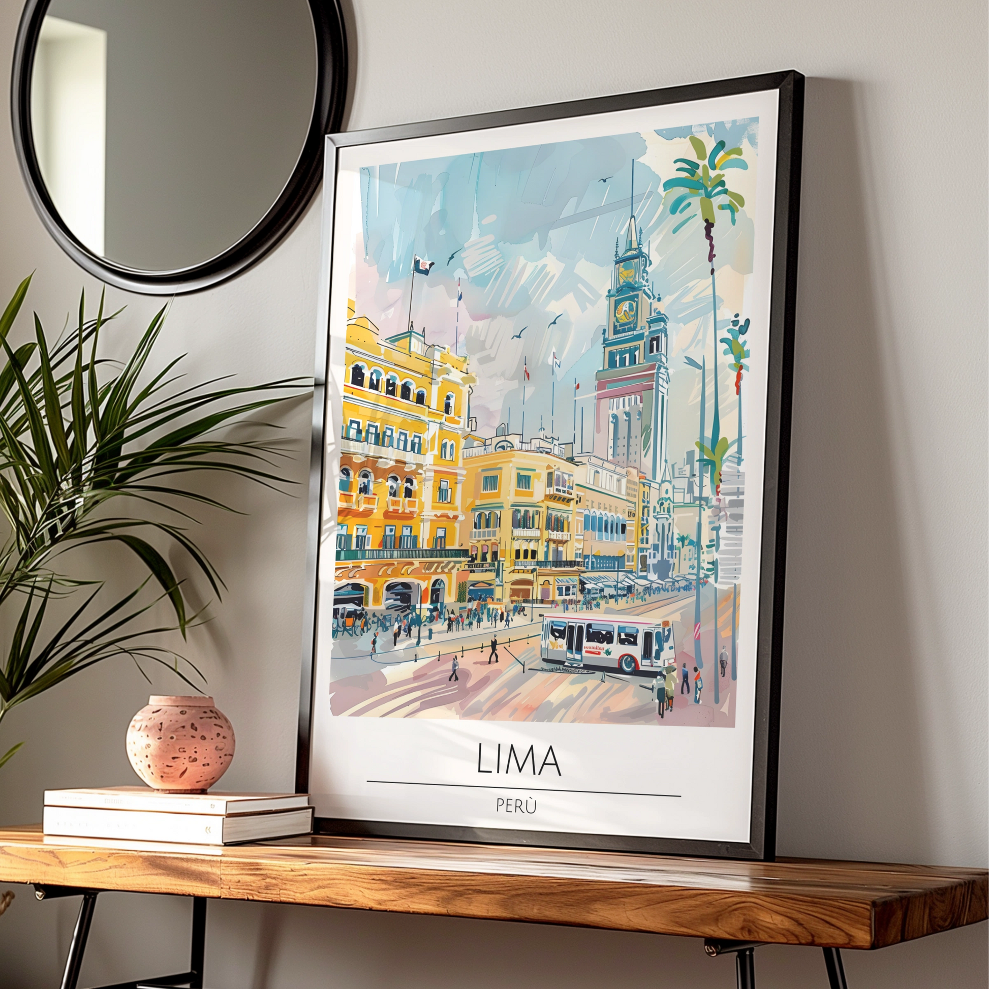 Lima Poster Art, Peru Cityscape, Colourful Urban Illustration, Travel Wall Art, Vintage Style