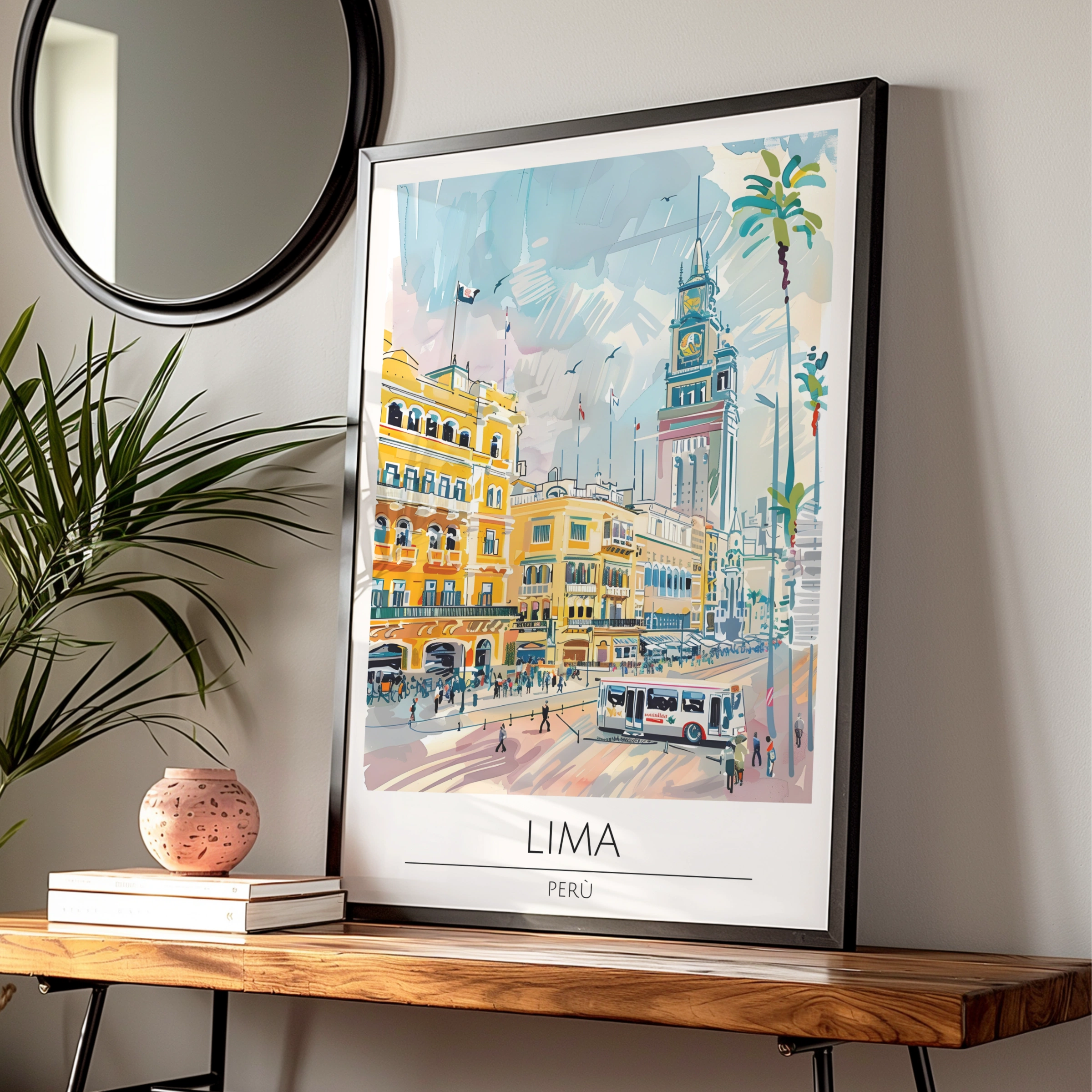 Lima Poster Art, Peru Cityscape, Colourful Urban Illustration, Travel Wall Art, Vintage Style