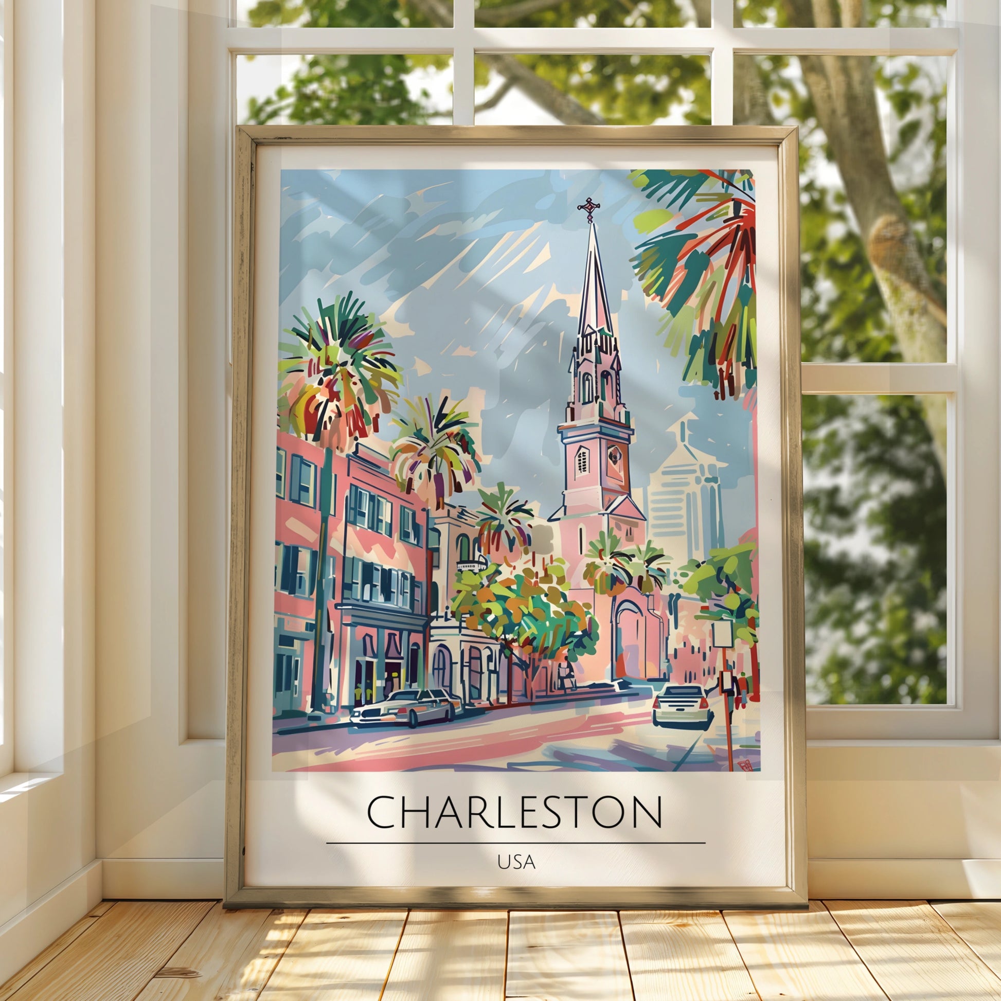 Charleston USA Poster, Colourful Cityscape Art, Tropical Palms, Modern Wall Decor