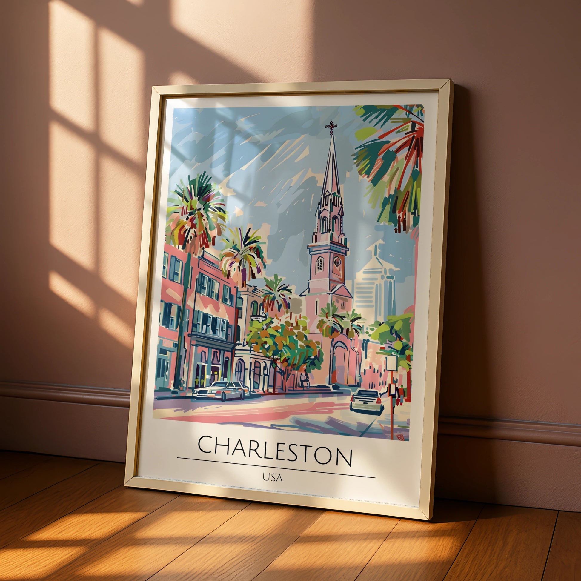 Charleston USA Poster, Colourful Cityscape Art, Tropical Palms, Modern Wall Decor