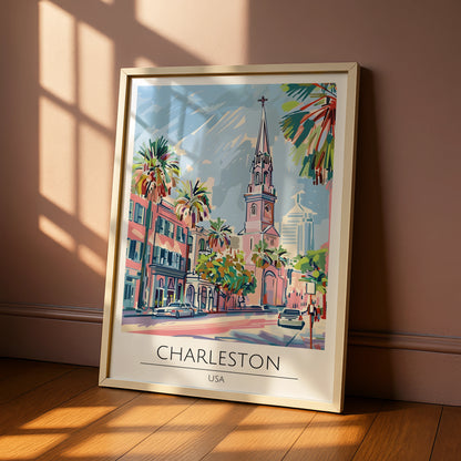 Charleston USA Poster, Colourful Cityscape Art, Tropical Palms, Modern Wall Decor