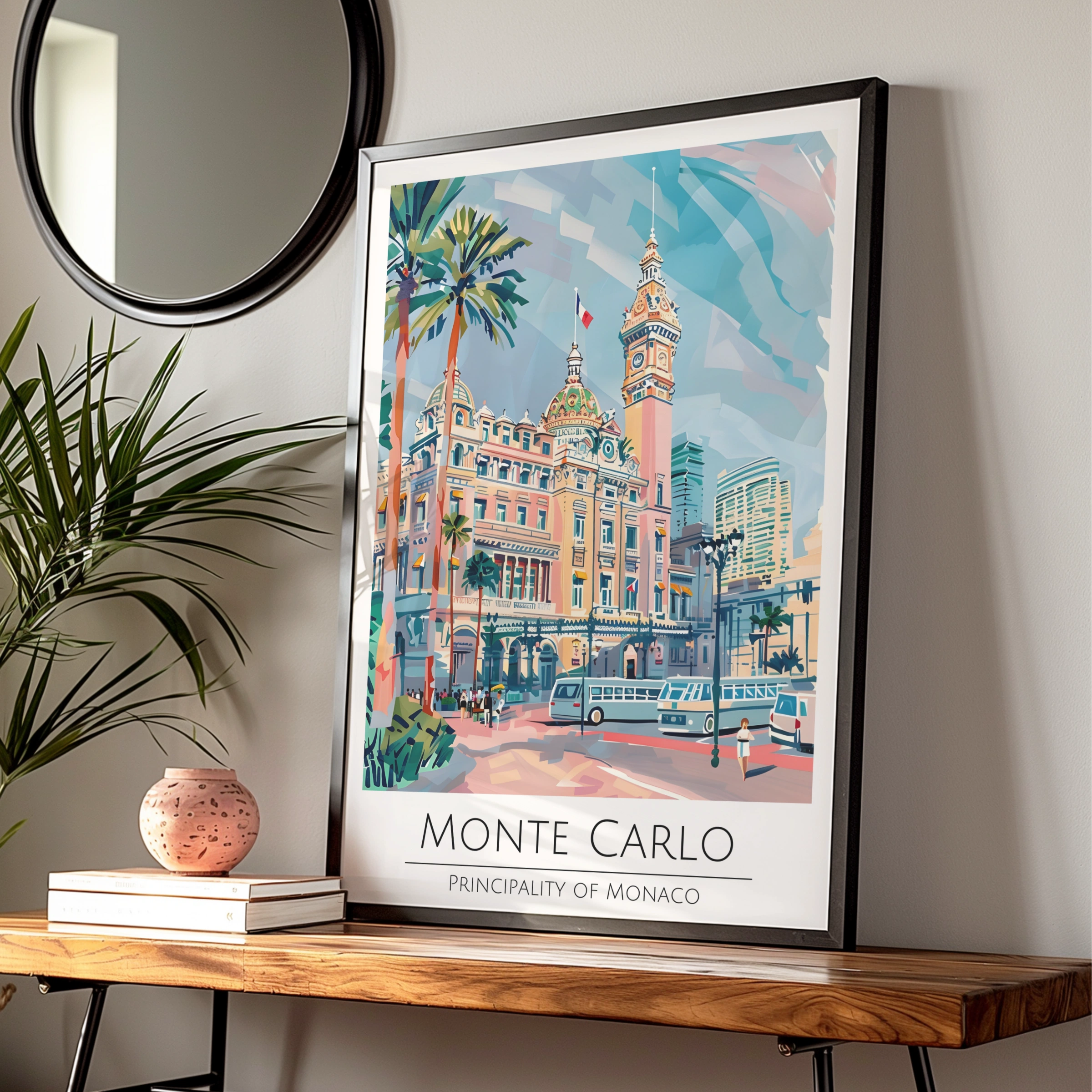 Monte Carlo Poster, Principality of Monaco, Colourful Travel Art, Vintage Style, Wall Decor