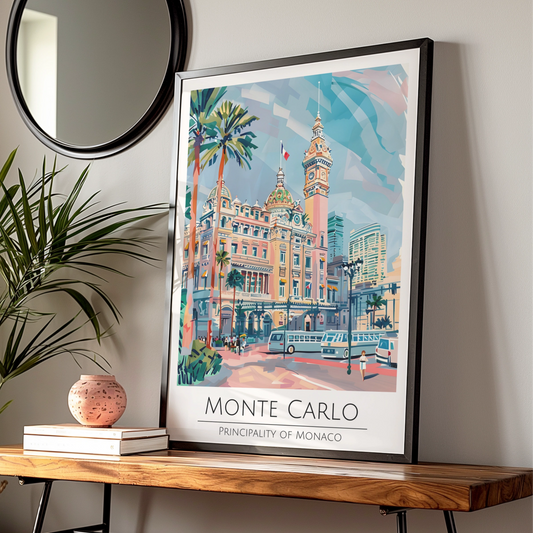 Monte Carlo Poster, Principality of Monaco, Colourful Travel Art, Vintage Style, Wall Decor