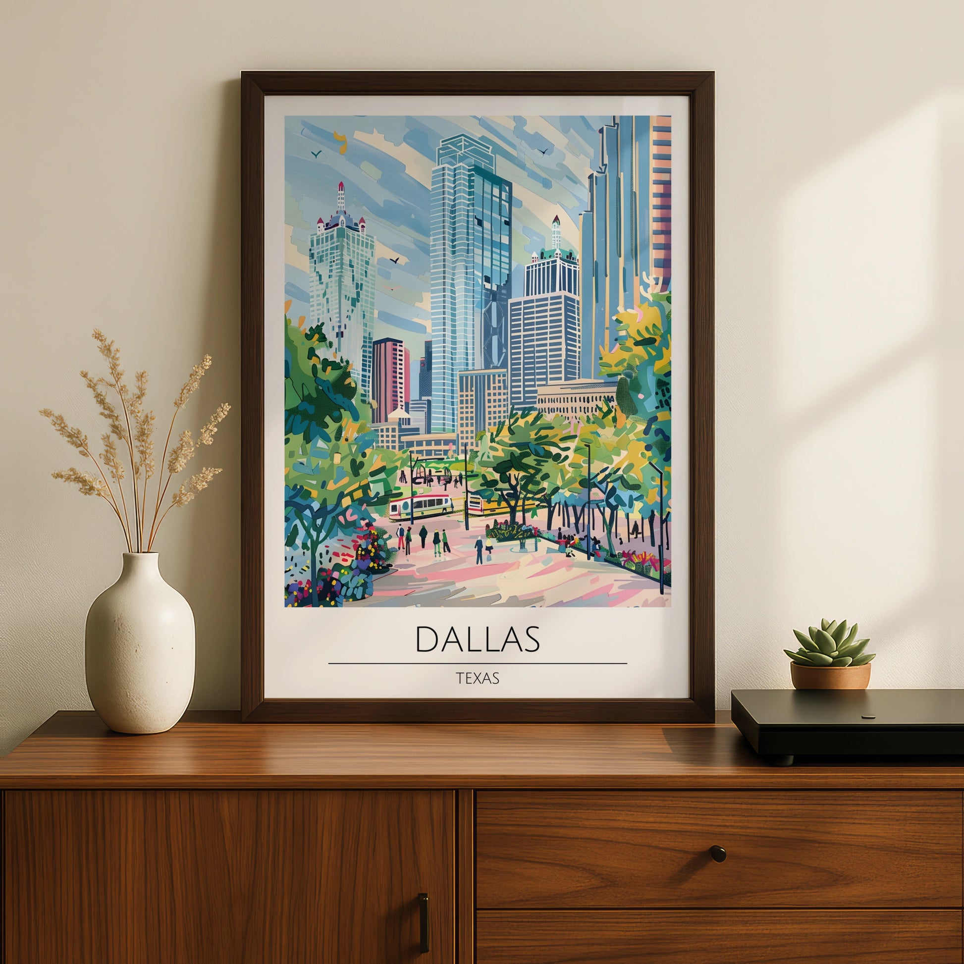 Dallas Cityscape Poster, Vibrant Texas Skyline Art, Urban Wall Decor, Modern Travel Print