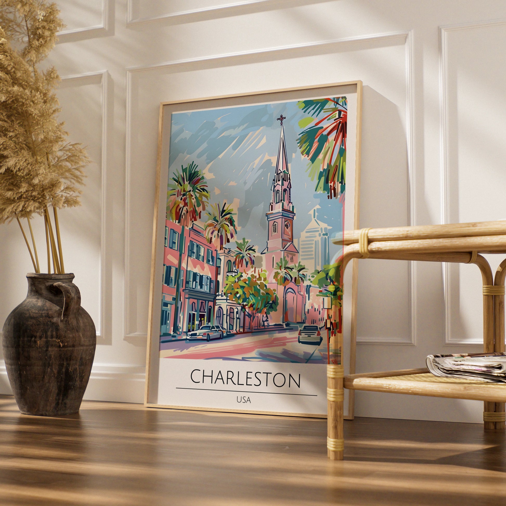 Charleston USA Poster, Colourful Cityscape Art, Tropical Palms, Modern Wall Decor