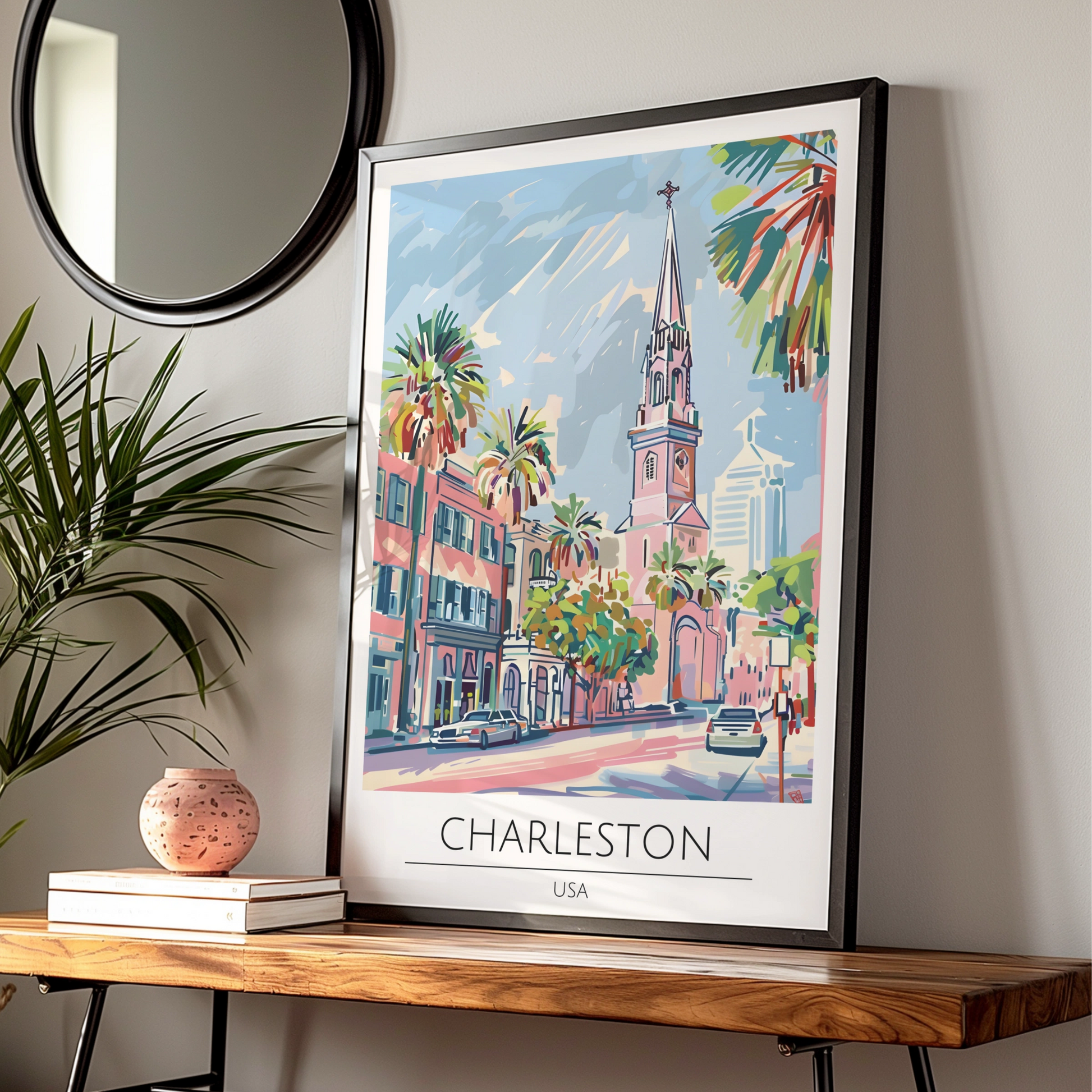 Charleston USA Poster, Colourful Cityscape Art, Tropical Palms, Modern Wall Decor