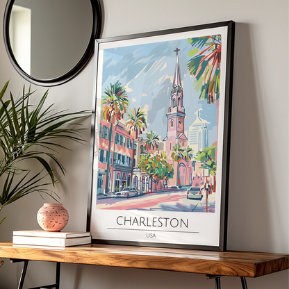 Charleston USA Poster, Colourful Cityscape Art, Tropical Palms, Modern Wall Decor