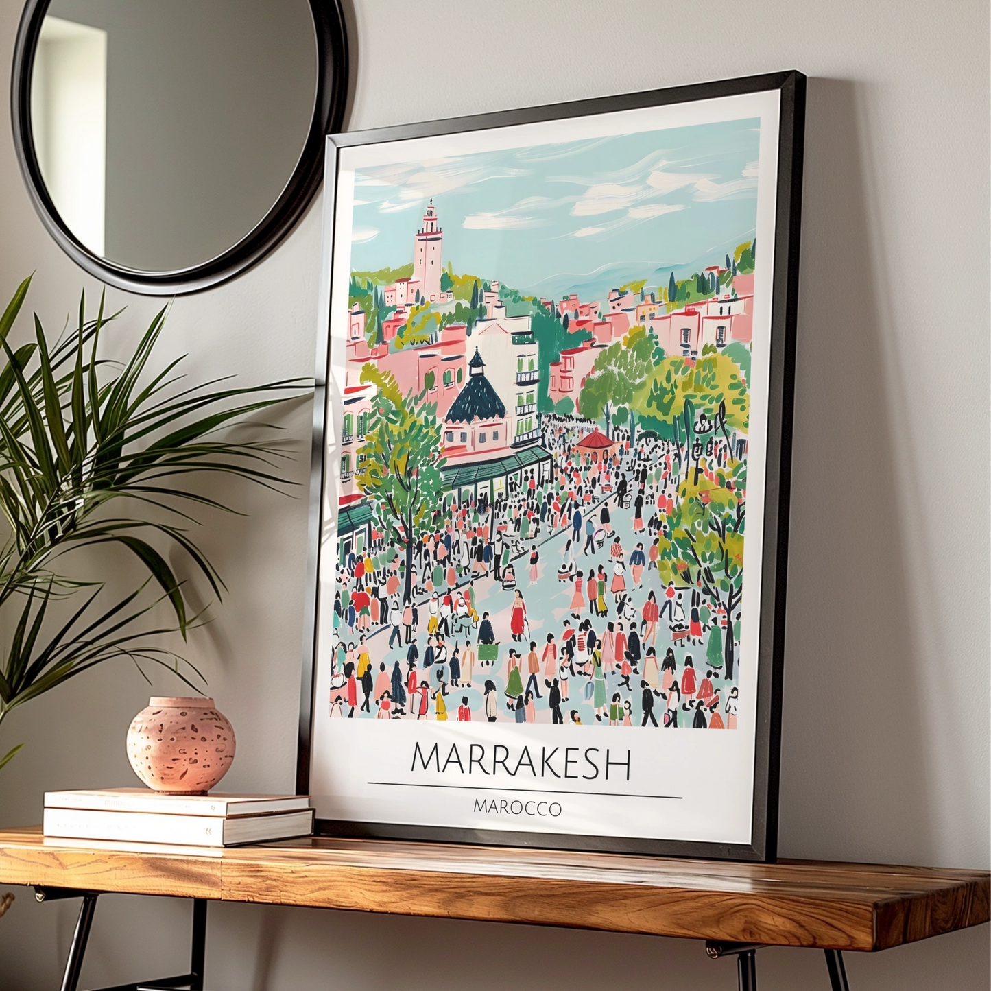 Marrakesh Vibrant Cityscape Poster, Moroccan Wall Art, Colourful Market Scene, Travel Decor, Boho