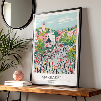 Marrakesh Vibrant Cityscape Poster, Moroccan Wall Art, Colourful Market Scene, Travel Decor, Boho