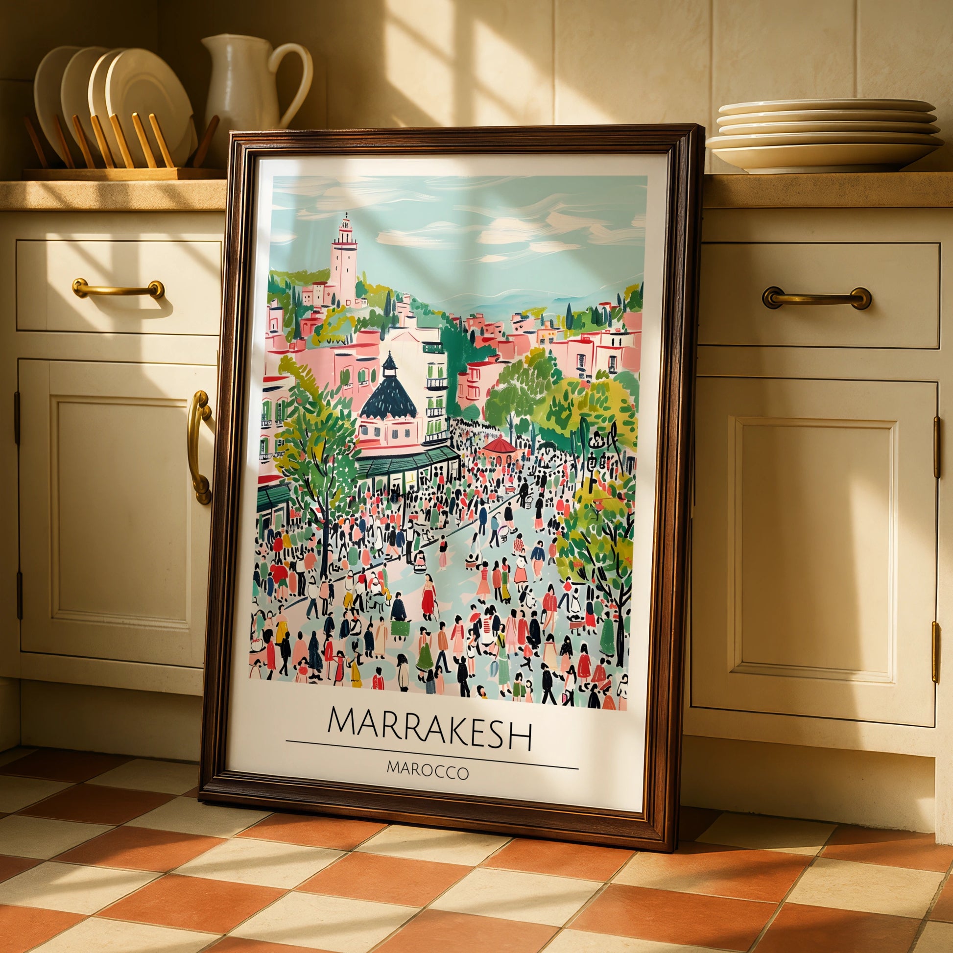 Marrakesh Vibrant Cityscape Poster, Moroccan Wall Art, Colourful Market Scene, Travel Decor, Boho