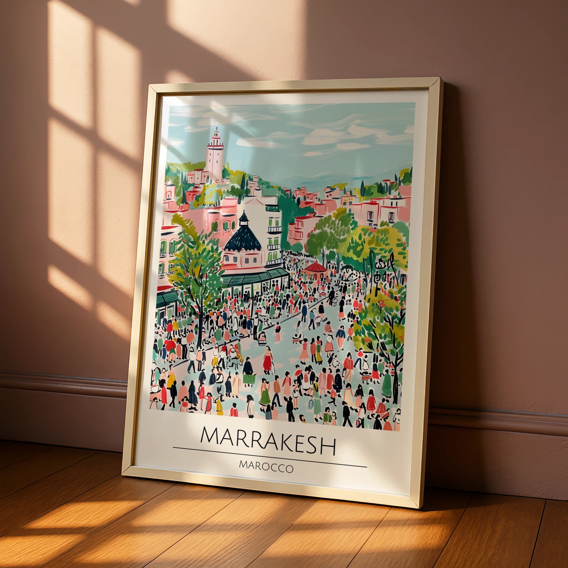 Marrakesh Vibrant Cityscape Poster, Moroccan Wall Art, Colourful Market Scene, Travel Decor, Boho