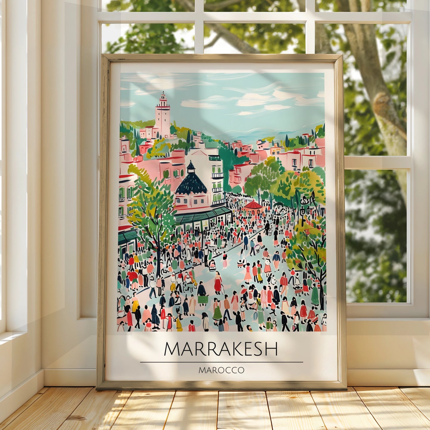 Marrakesh Vibrant Cityscape Poster, Moroccan Wall Art, Colourful Market Scene, Travel Decor, Boho