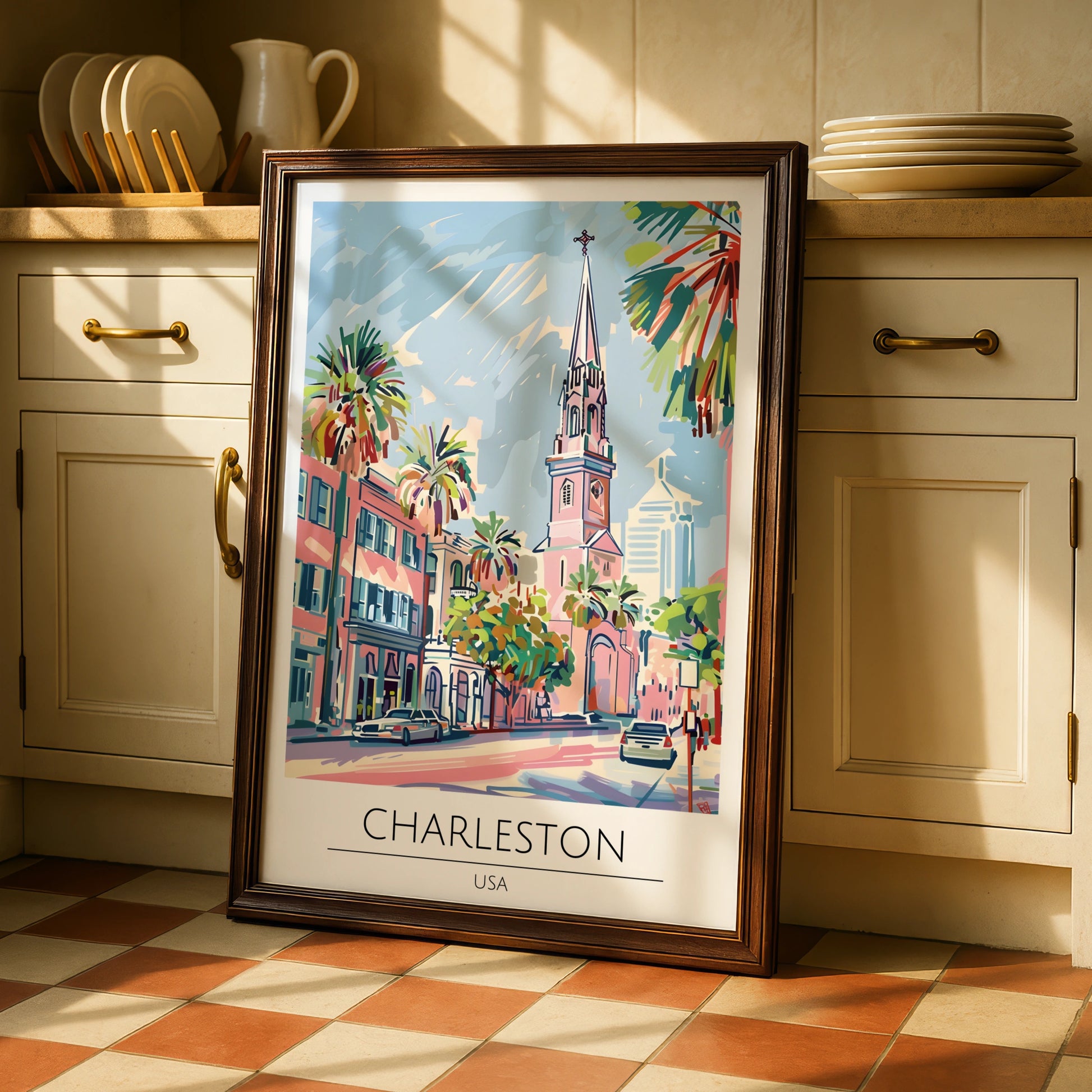 Charleston USA Poster, Colourful Cityscape Art, Tropical Palms, Modern Wall Decor