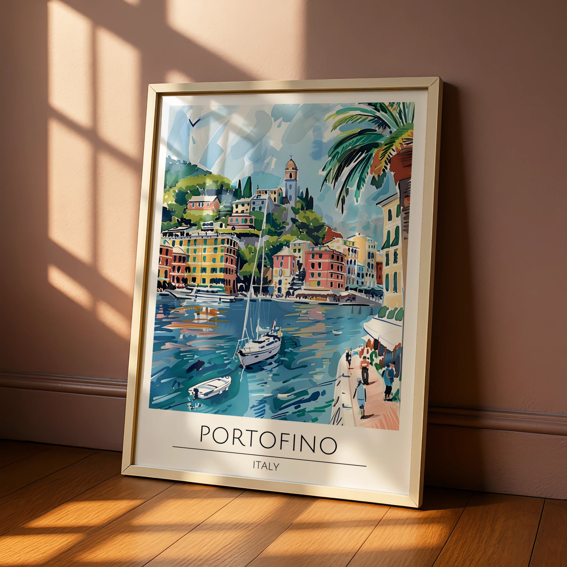 Portofino Italy Poster, Vibrant Coastal Landscape Art, Colourful Sailboats and Harbour Scene