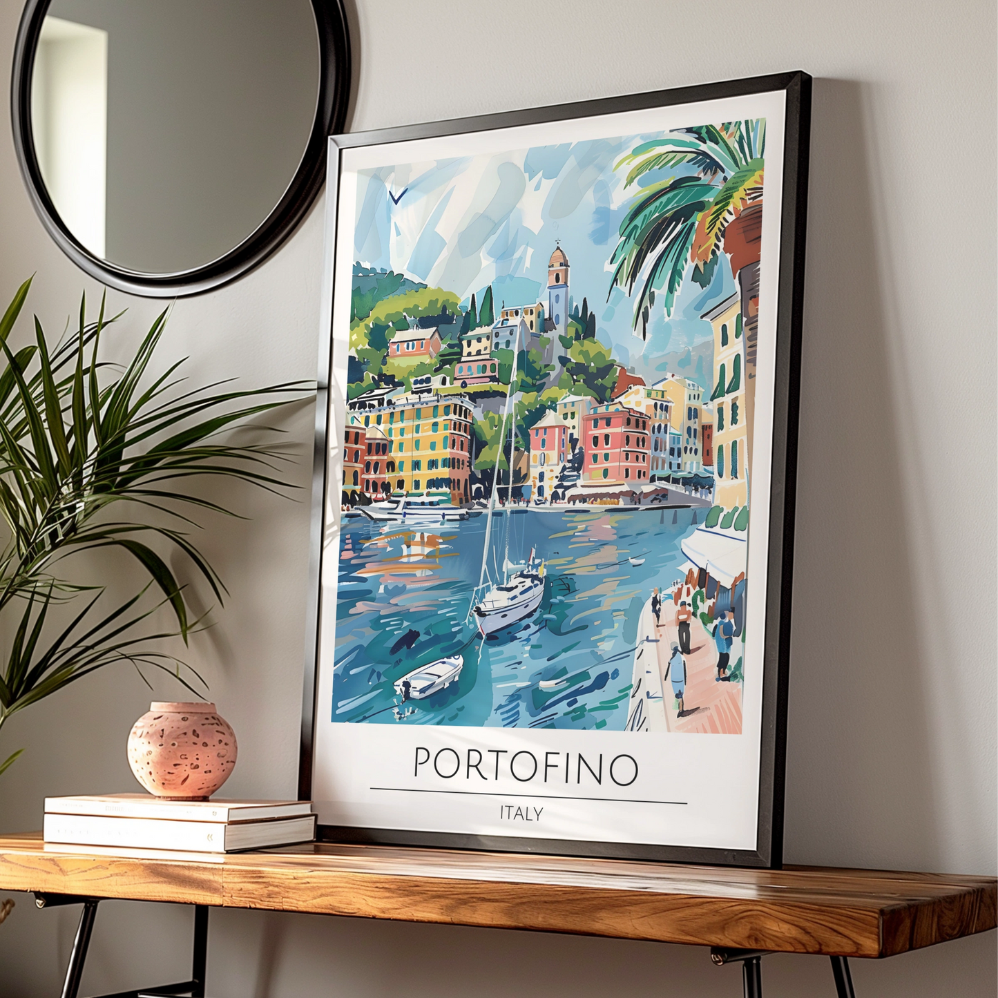 Portofino Italy Poster, Vibrant Coastal Landscape Art, Colourful Sailboats and Harbour Scene
