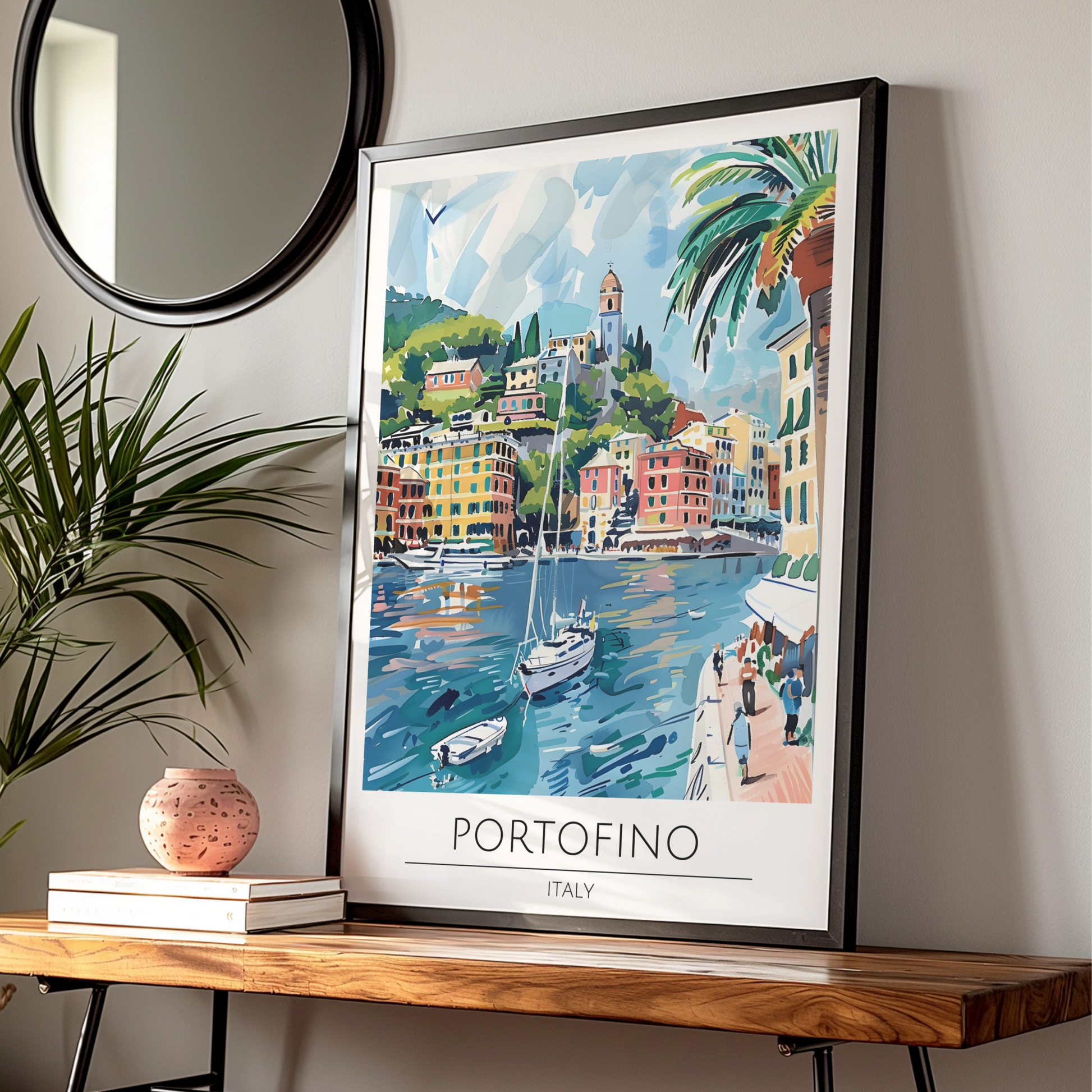 Portofino Italy Poster, Vibrant Coastal Landscape Art, Colourful Sailboats and Harbour Scene