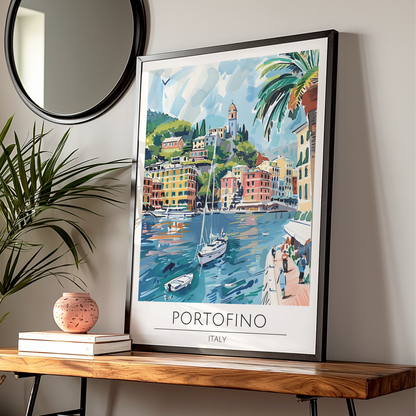 Portofino Italy Poster, Vibrant Coastal Landscape Art, Colourful Sailboats and Harbour Scene