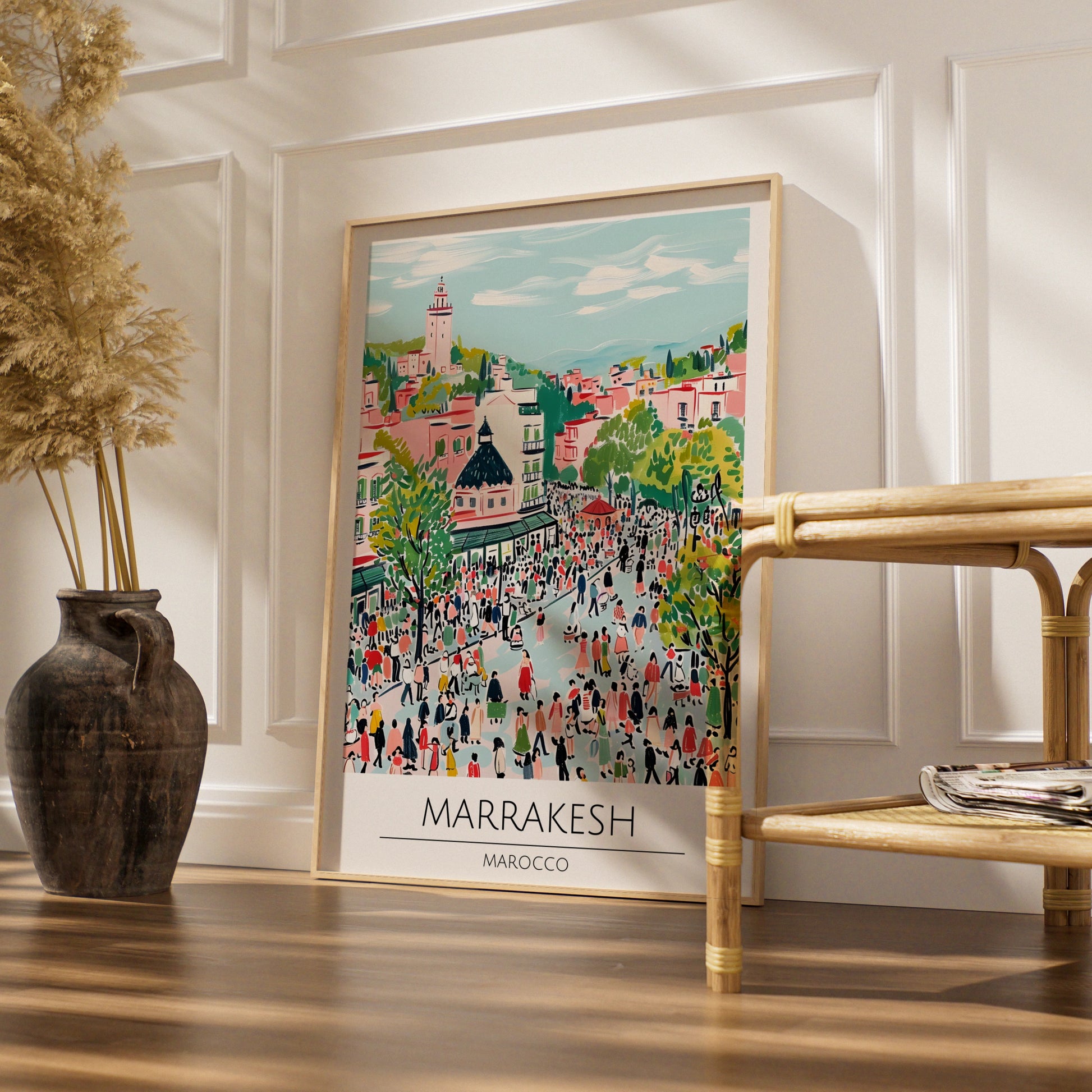 Marrakesh Vibrant Cityscape Poster, Moroccan Wall Art, Colourful Market Scene, Travel Decor, Boho