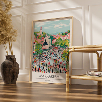 Marrakesh Vibrant Cityscape Poster, Moroccan Wall Art, Colourful Market Scene, Travel Decor, Boho