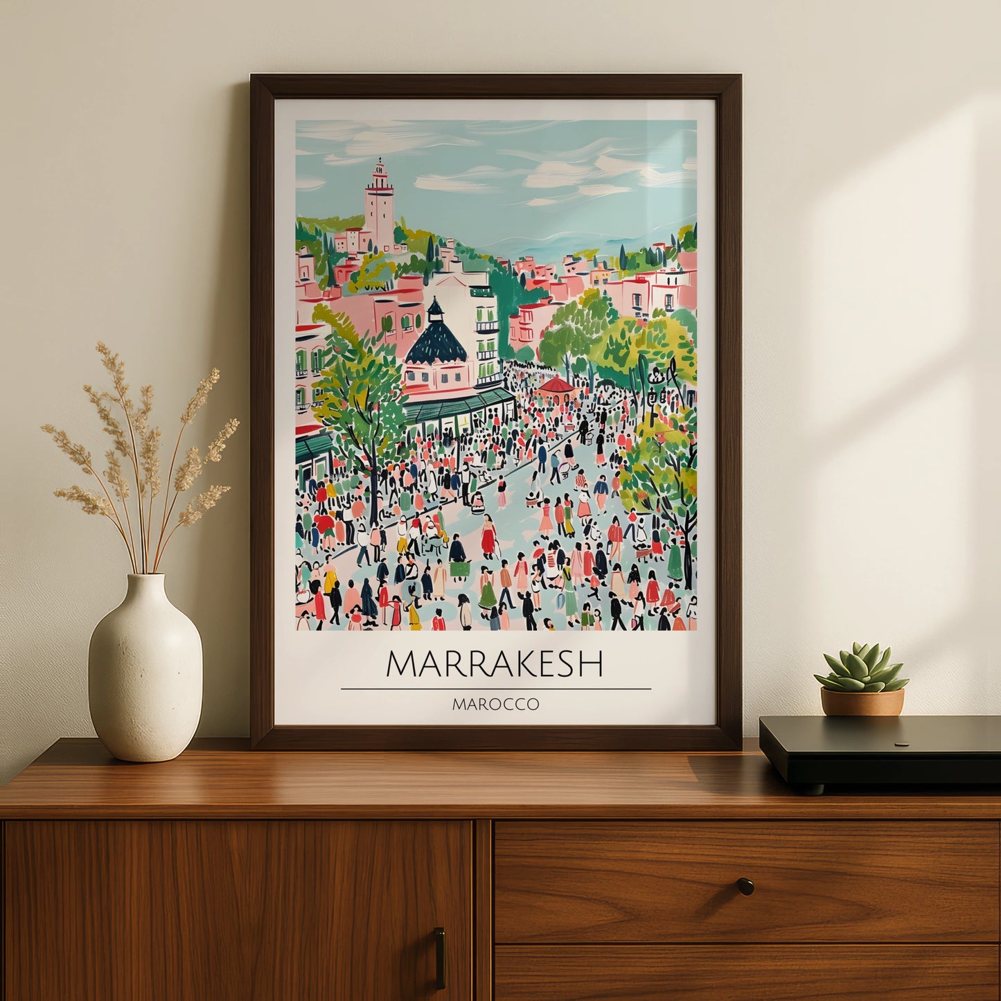 Marrakesh Vibrant Cityscape Poster, Moroccan Wall Art, Colourful Market Scene, Travel Decor, Boho
