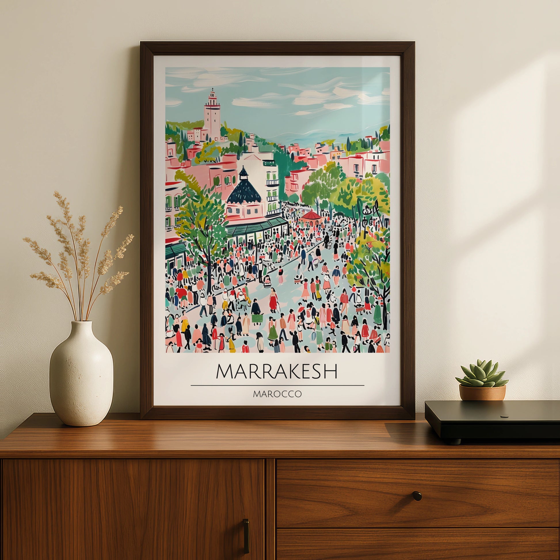 Marrakesh Vibrant Cityscape Poster, Moroccan Wall Art, Colourful Market Scene, Travel Decor, Boho