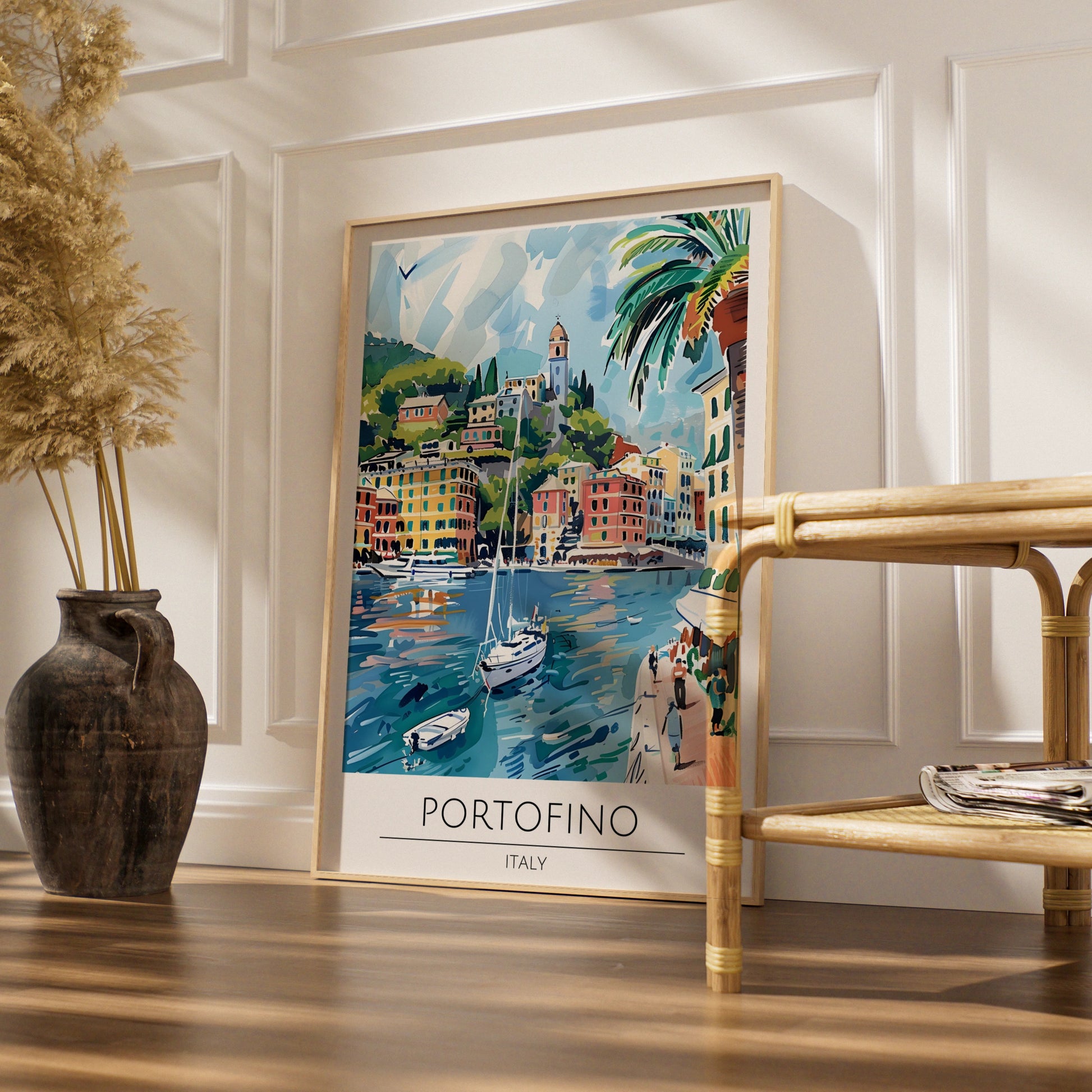 Portofino Italy Poster, Vibrant Coastal Landscape Art, Colourful Sailboats and Harbour Scene