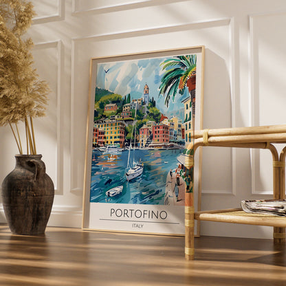 Portofino Italy Poster, Vibrant Coastal Landscape Art, Colourful Sailboats and Harbour Scene