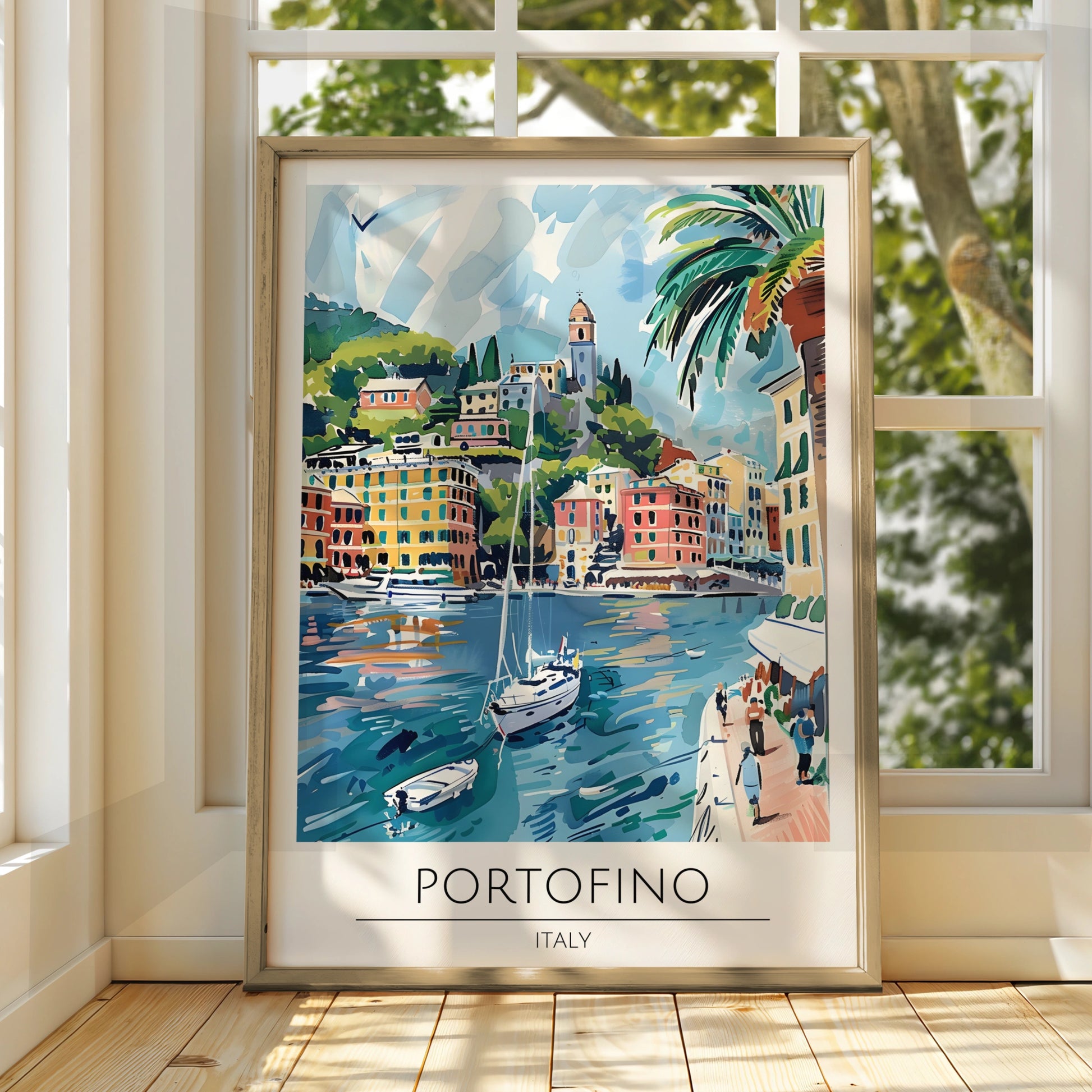 Portofino Italy Poster, Vibrant Coastal Landscape Art, Colourful Sailboats and Harbour Scene