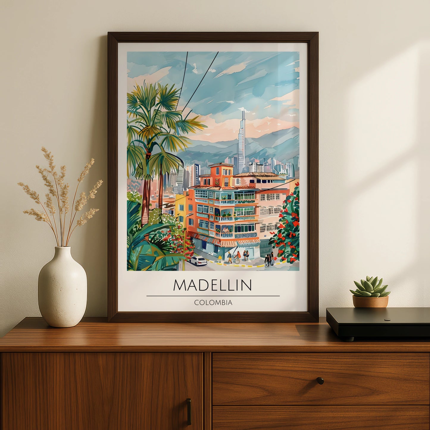 Vibrant Medellin Colombia Art Print, Colourful Cityscape Wall Decor, Tropical Style, Urban