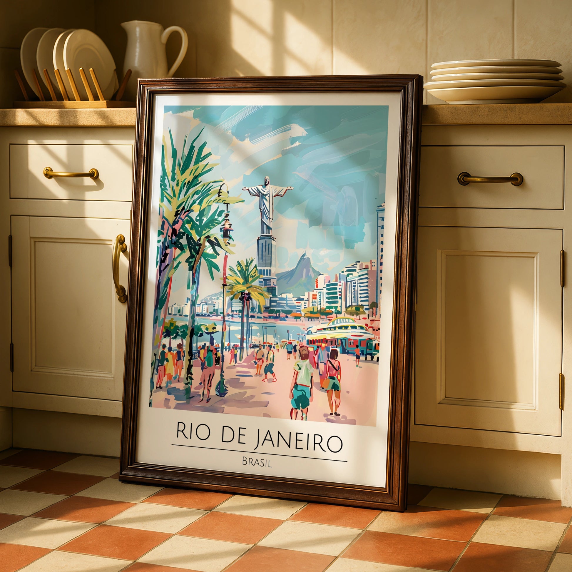 Rio de Janeiro Poster, Brasil Artwork, Colourful Beach Scene, Urban Wall Art, Christ the Redeemer