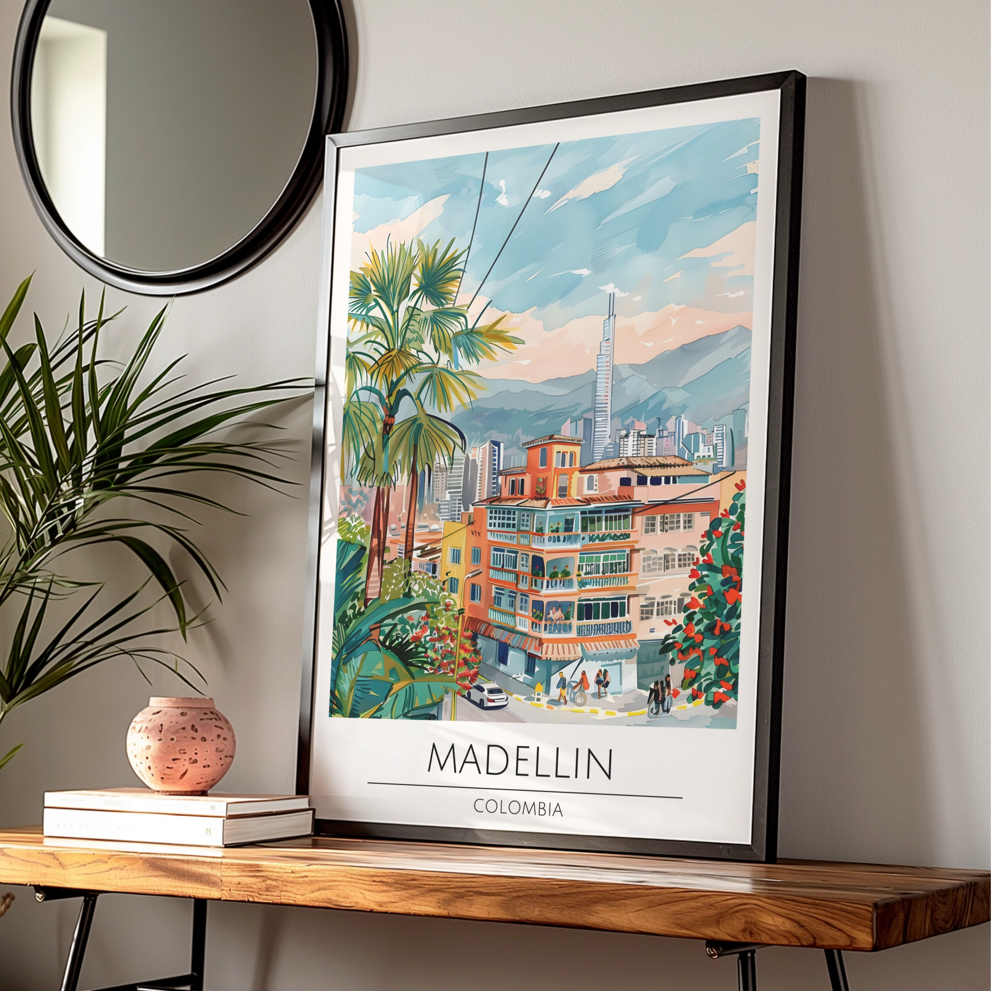Vibrant Medellin Colombia Art Print, Colourful Cityscape Wall Decor, Tropical Style, Urban