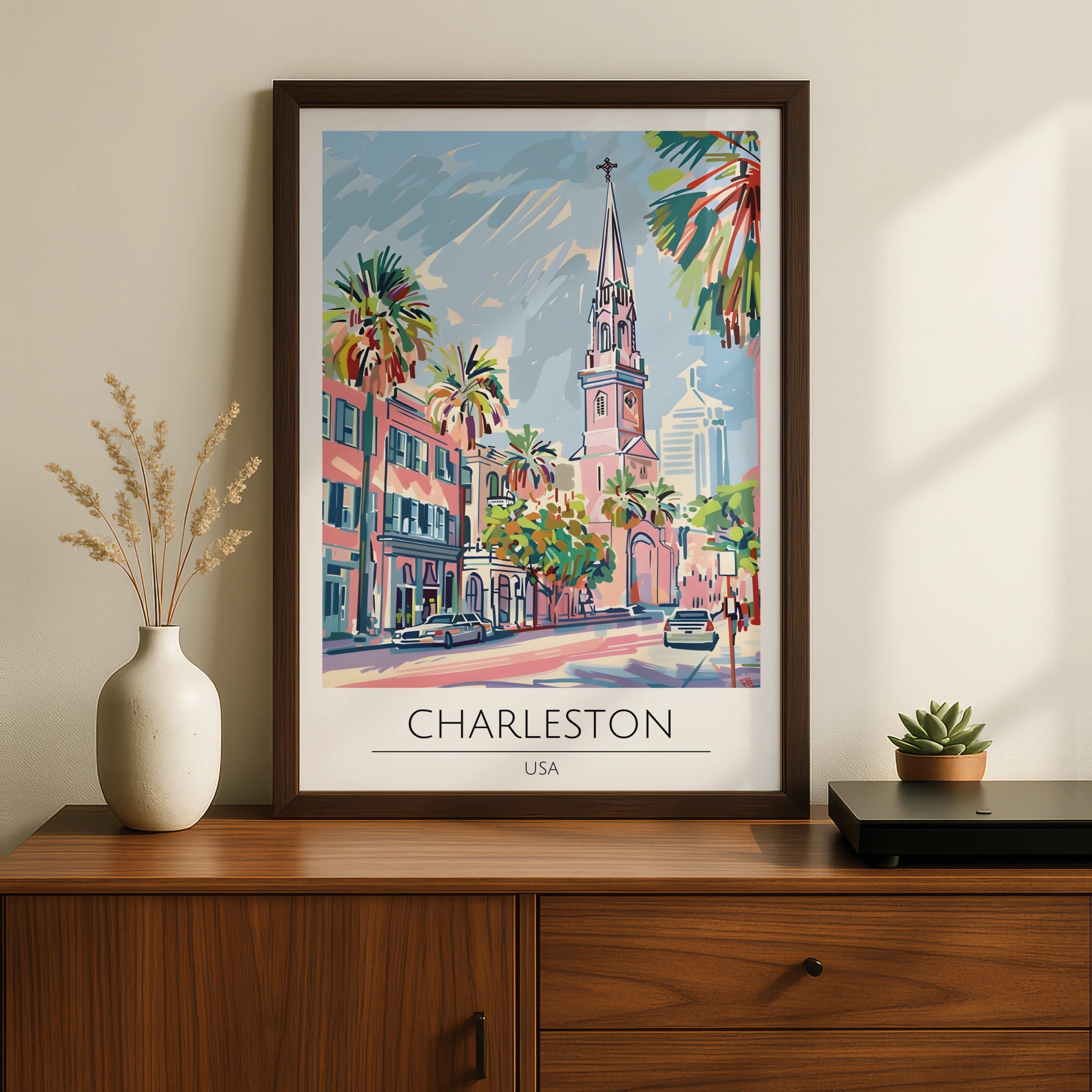 Charleston USA Poster, Colourful Cityscape Art, Tropical Palms, Modern Wall Decor