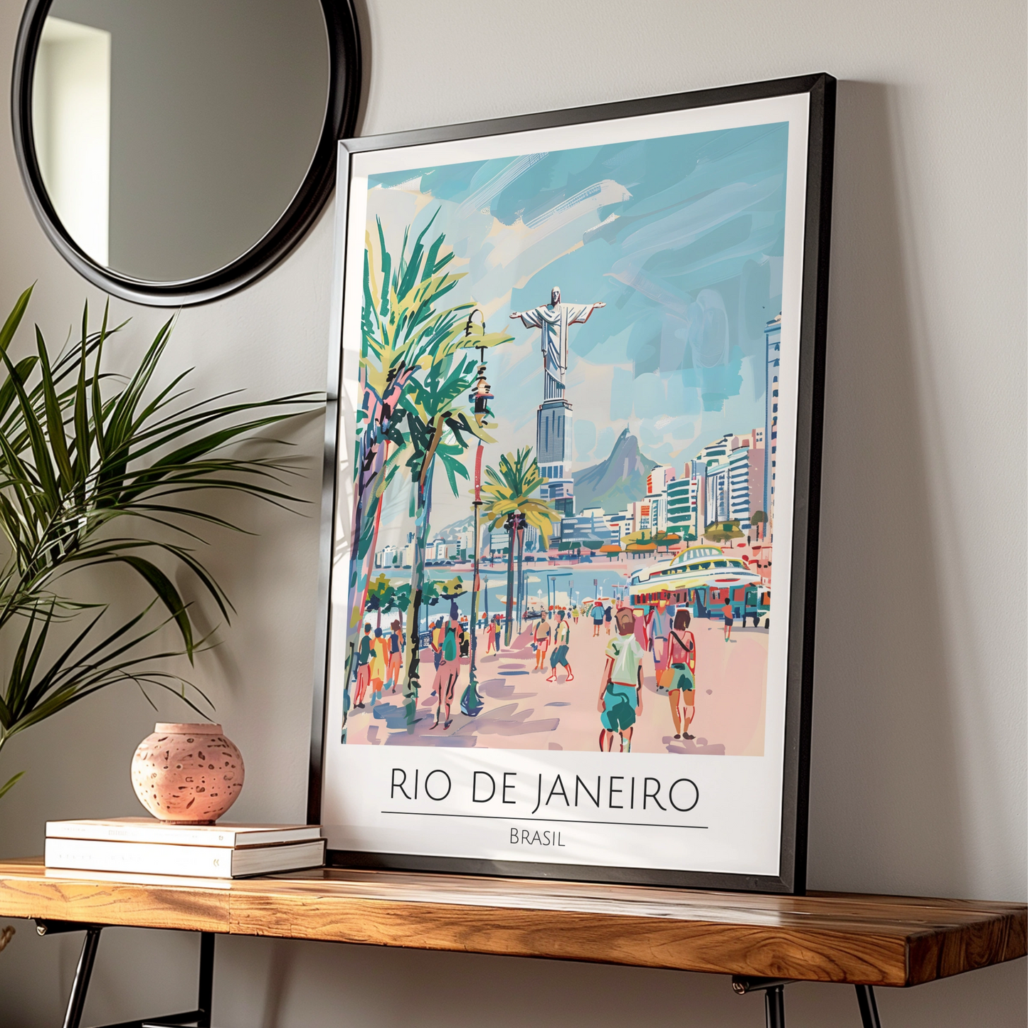 Rio de Janeiro Poster, Brasil Artwork, Colourful Beach Scene, Urban Wall Art, Christ the Redeemer