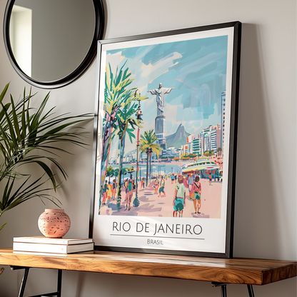 Rio de Janeiro Poster, Brasil Artwork, Colourful Beach Scene, Urban Wall Art, Christ the Redeemer