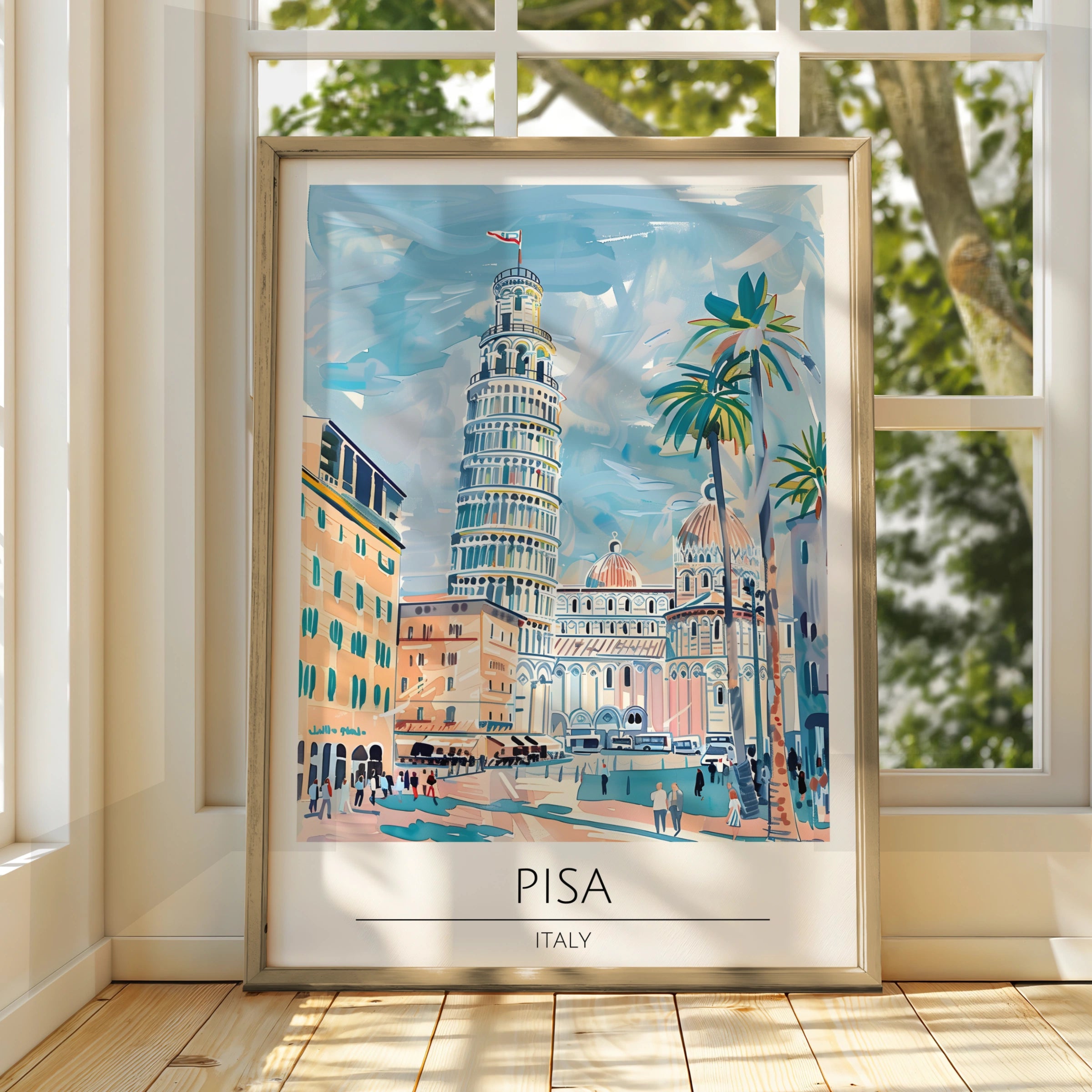 Pisa Tower Art Print, Italy Decor, Colourful Travel Poster, Italian Architecture Wall Art, Vintage