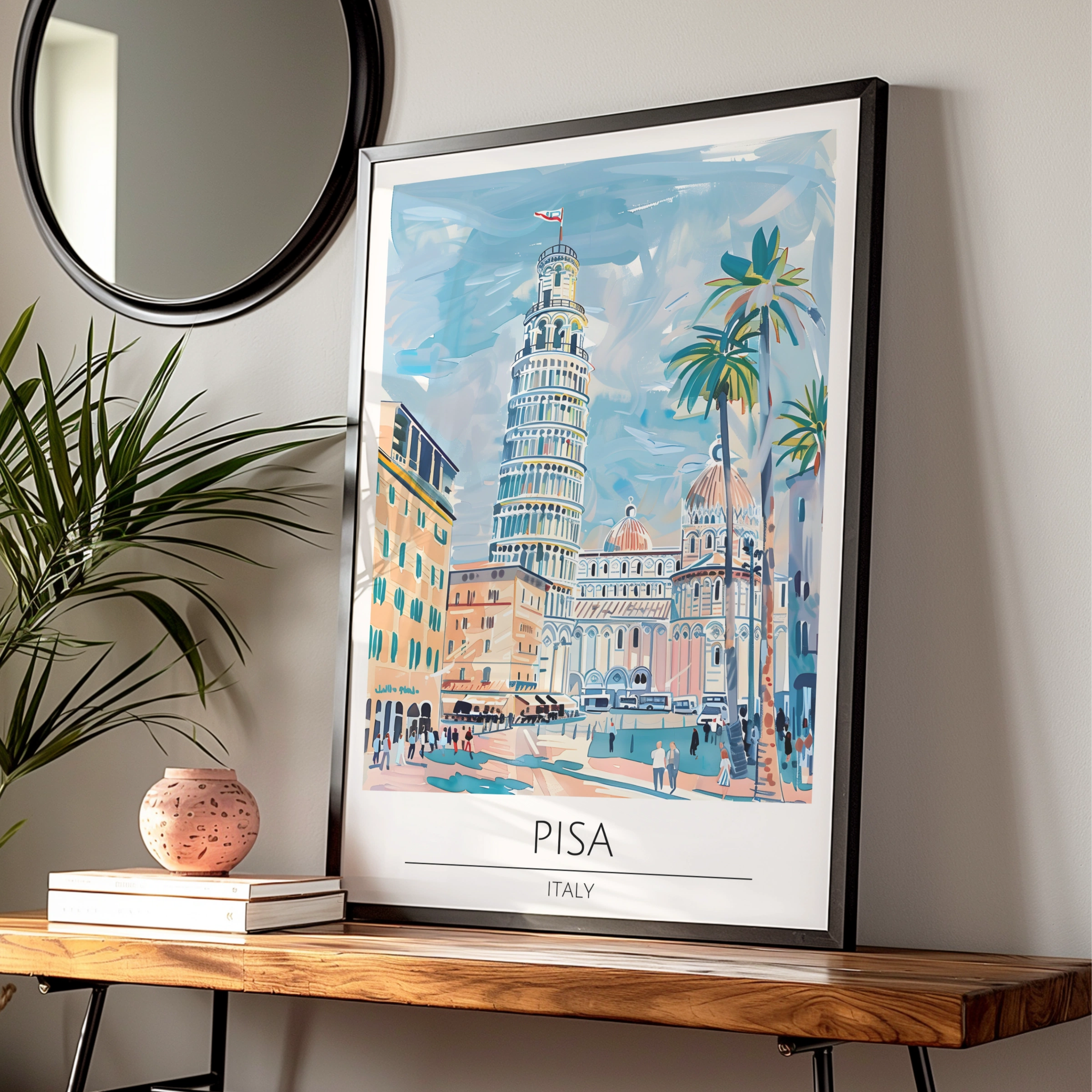 Pisa Tower Art Print, Italy Decor, Colourful Travel Poster, Italian Architecture Wall Art, Vintage