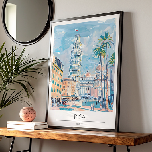 Pisa Tower Art Print, Italy Decor, Colourful Travel Poster, Italian Architecture Wall Art, Vintage