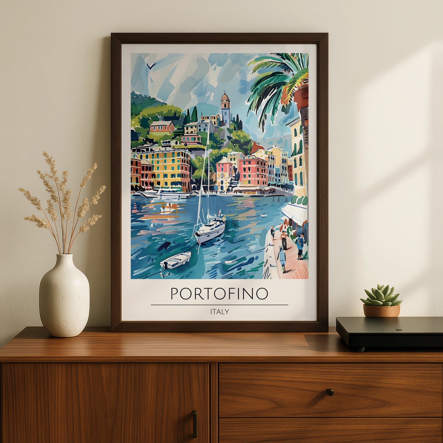 Portofino Italy Poster, Vibrant Coastal Landscape Art, Colourful Sailboats and Harbour Scene