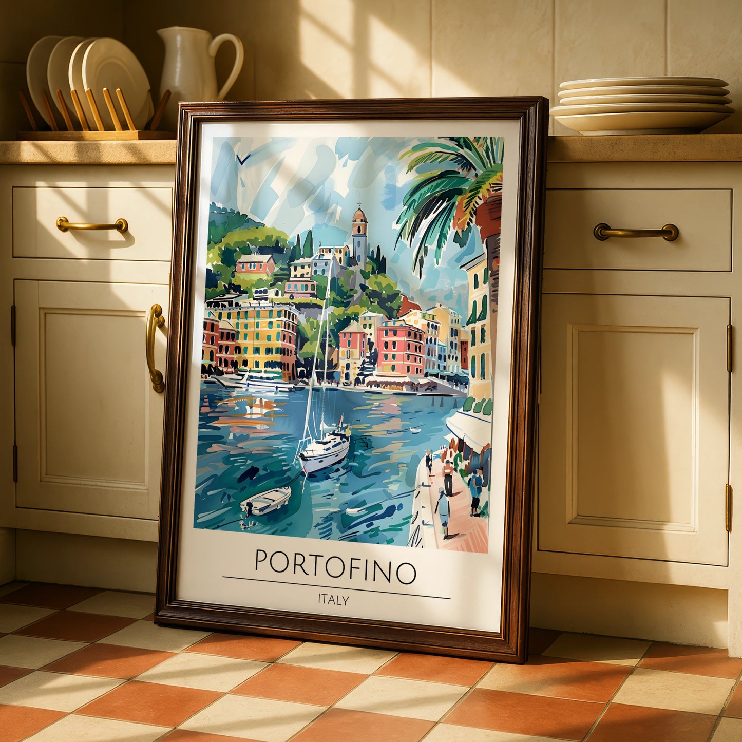Portofino Italy Poster, Vibrant Coastal Landscape Art, Colourful Sailboats and Harbour Scene