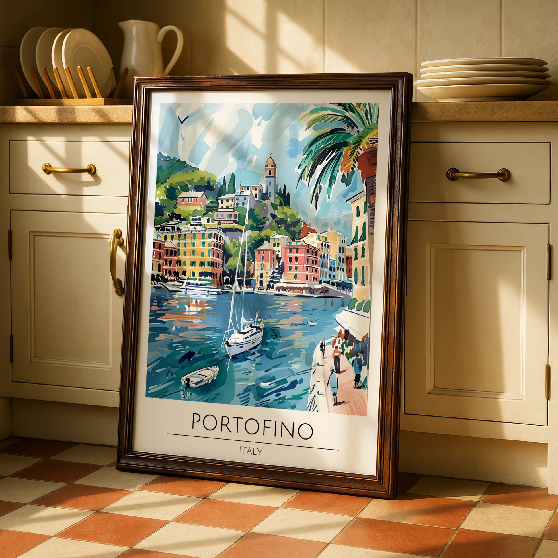 Portofino Italy Poster, Vibrant Coastal Landscape Art, Colourful Sailboats and Harbour Scene