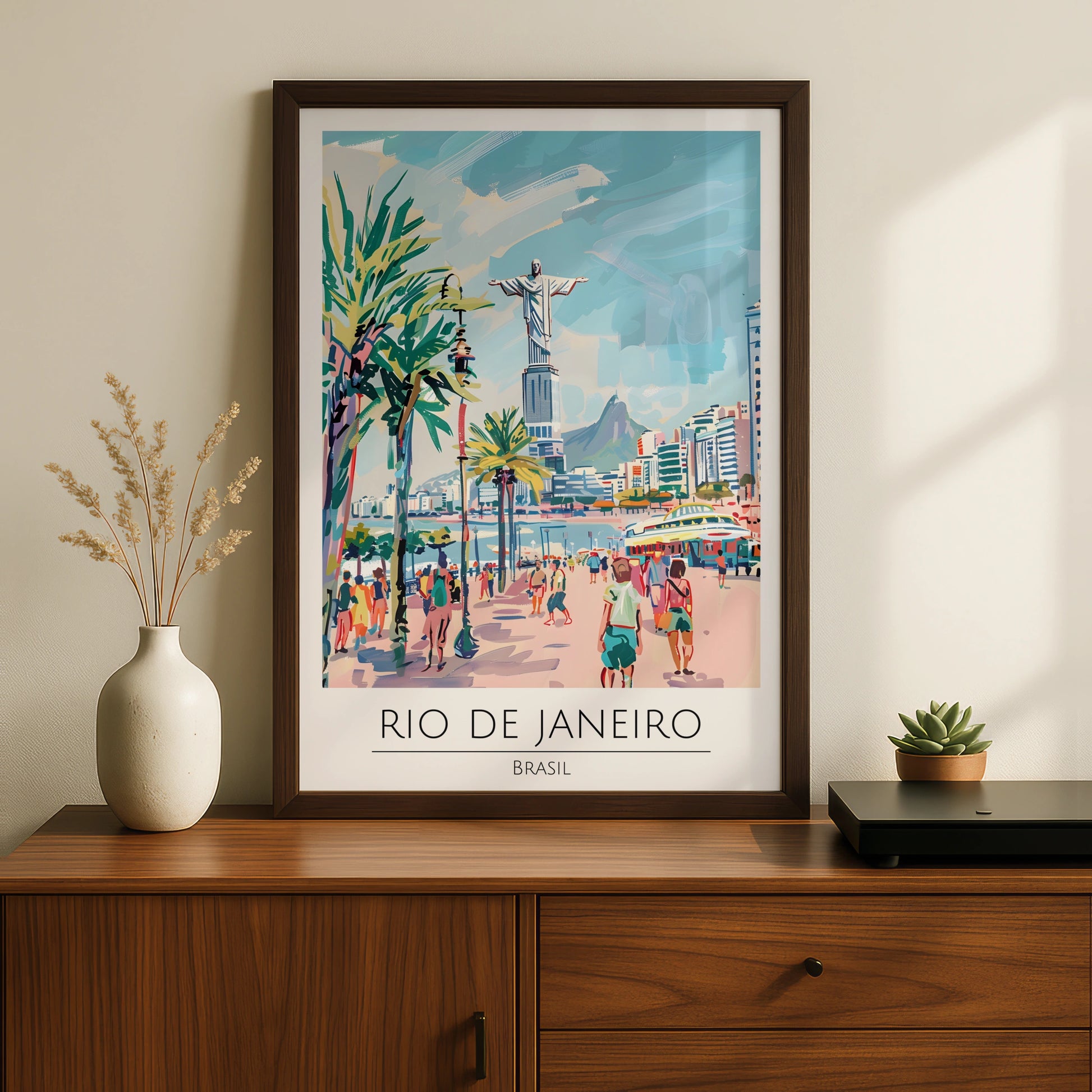 Rio de Janeiro Poster, Brasil Artwork, Colourful Beach Scene, Urban Wall Art, Christ the Redeemer