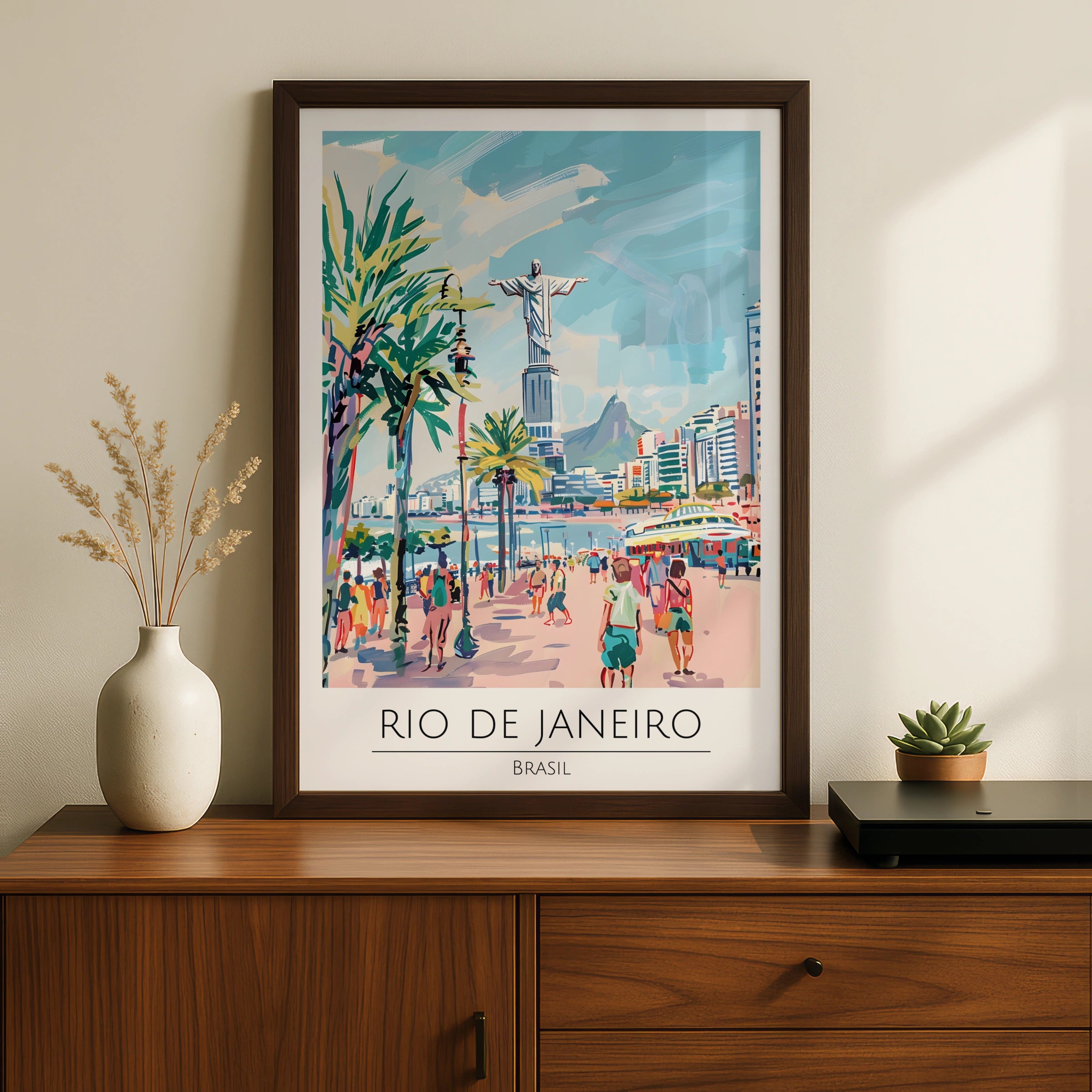 Rio de Janeiro Poster, Brasil Artwork, Colourful Beach Scene, Urban Wall Art, Christ the Redeemer