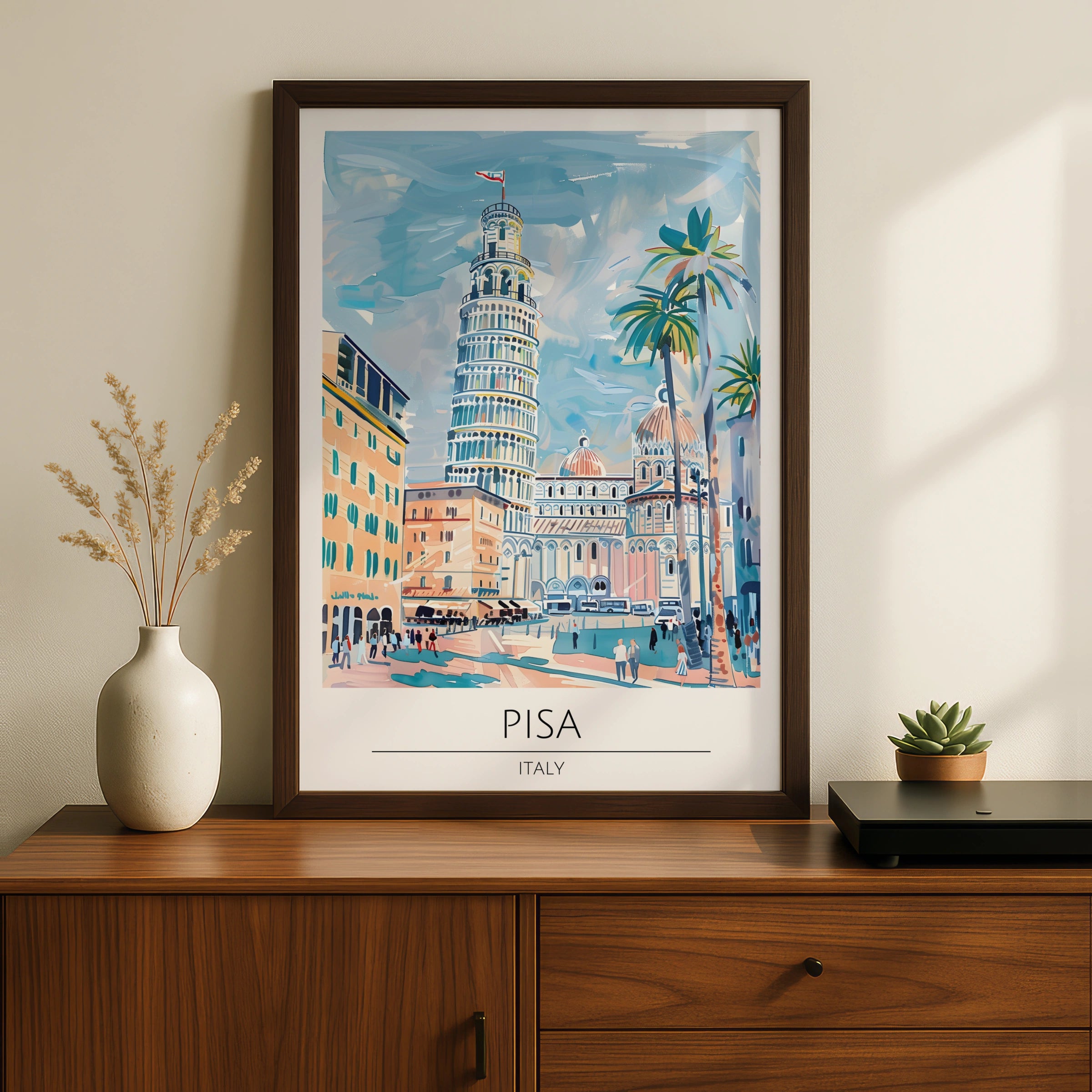 Pisa Tower Art Print, Italy Decor, Colourful Travel Poster, Italian Architecture Wall Art, Vintage