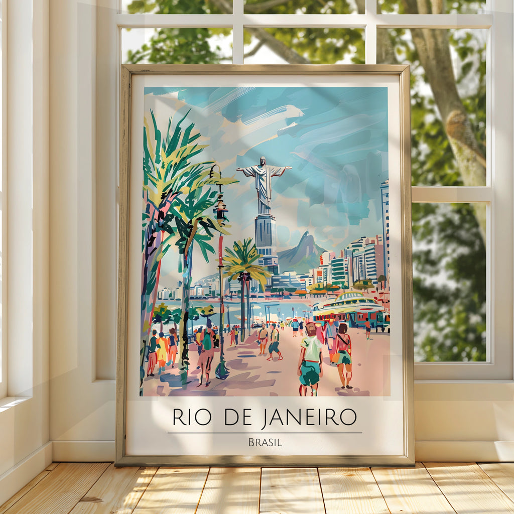 Rio de Janeiro Poster, Brasil Artwork, Colourful Beach Scene, Urban Wall Art, Christ the Redeemer