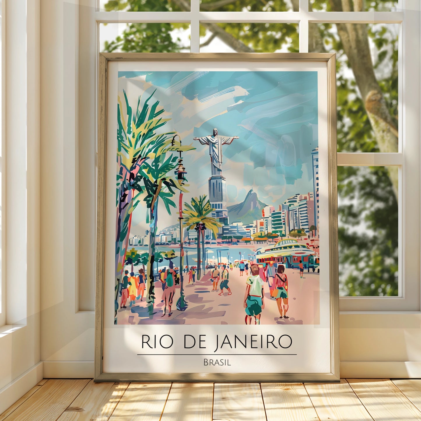 Rio de Janeiro Poster, Brasil Artwork, Colourful Beach Scene, Urban Wall Art, Christ the Redeemer